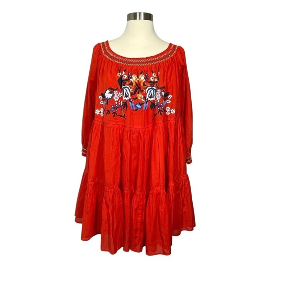 Free People Sunbeams Red Tiered Dress with Bishop Sleeves Size L - Picture 5 of 11